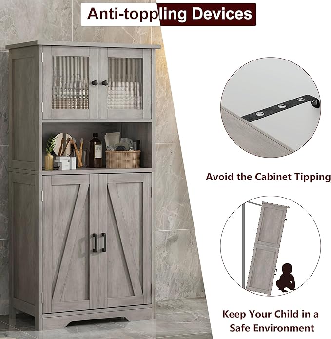 GarveeHome 54in Tall Bathroom Cabinet, Farmhouse Storage Cabinet with Glass Doors and Adjustable Shelves, Freestanding Kitchen Pantry Cabinets, Cupboard for Living Room, Dining Room, Gray-HomvellaHome