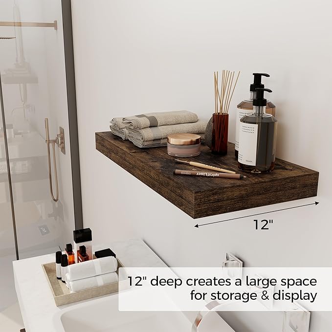 12 Inch Deep Floating Shelves, 24 x 12 Floating Shelf for Books, Rustic Wood Deep Wall Shelves for Home Storage & Display, 2" Thicked Shelves for Kitchen, Living Room, Bedroom, Rustic Brown, 1 Pack-HomvellaHome