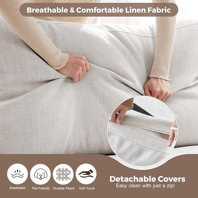 112" Modular Sectional Sofa, Large 7 Seater L Shaped Couch with Detachable Sofa Cover, Movable Ottoman, Deep Seat Corner Couch for Living Room, Apartment - Linen Fabric, Ivory-HomvellaHome