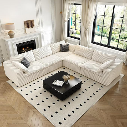 118" Cloud Couch Oversized Modular Sectional Sofa for Living Room,Modern Sofa with Deep Seat，V Shaped Boneless Couch,Comfy Upholstered Corduroy Couches for Apartment, Studio, Office,Bedroom，White-HomvellaHome