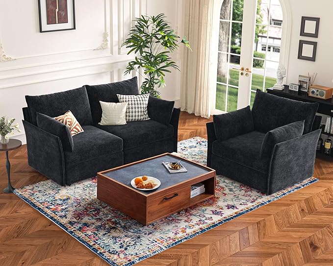 135.5" Oversized Modular Sectional Sofa, L Shaped Convertible Couch with Movable Ottoman, 5 Seat Corner Couches for Living Room Deep Seat Black Chenille-HomvellaHome