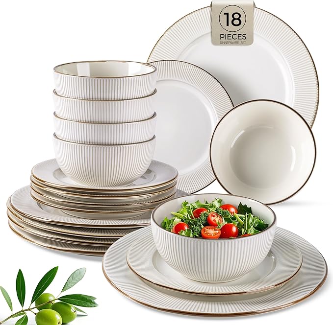 GBHOME Ceramic Dinnerware Sets,18 pcs Embossed Elegant Stoneware Plates and Bowls Sets, Housewarming Wedding Gift | Dishwasher & Microwave Safe | Dishes Set Service for 6-HomvellaHome