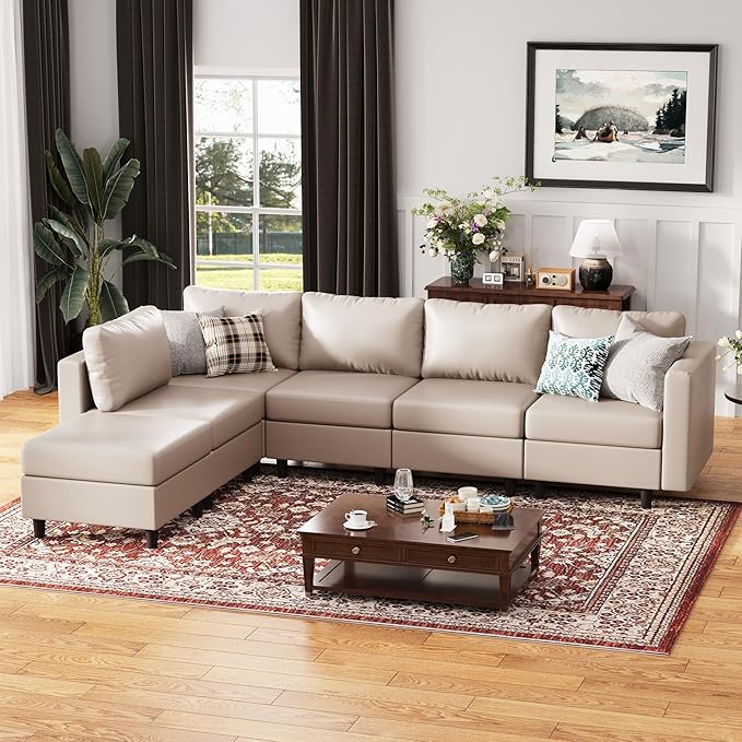 118.5" Faux Leather Modular Sectional Sofa, L Shaped Couch Set for Living Room, 6-Seater Comfy Cloud Couches with Movable Storage Ottoman Whitesand-HomvellaHome