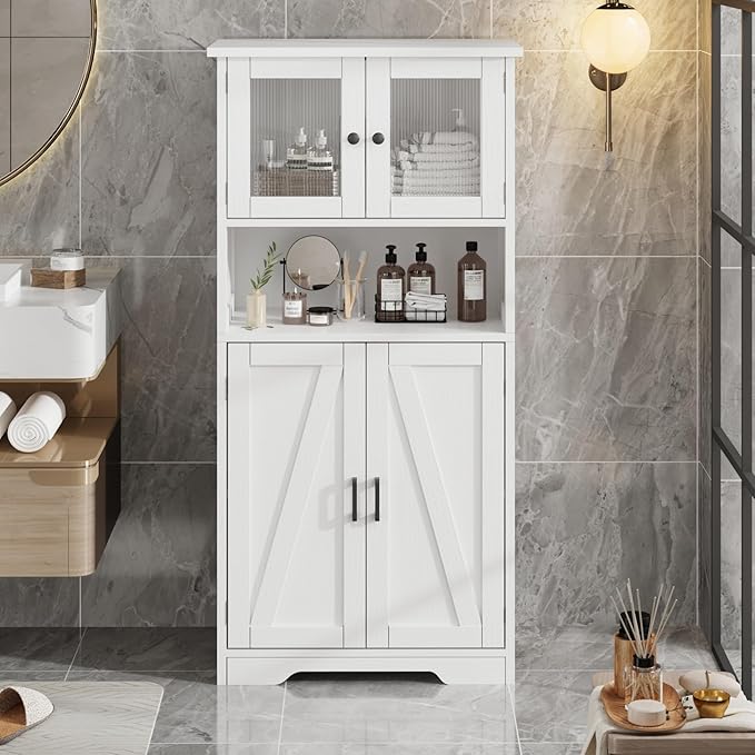GarveeHome 54in Tall Bathroom Cabinet, Farmhouse Storage Cabinet with Glass Doors and Adjustable Shelves, Freestanding Kitchen Pantry Cabinets, Cupboard for Living Room, Dining Room, White-HomvellaHome
