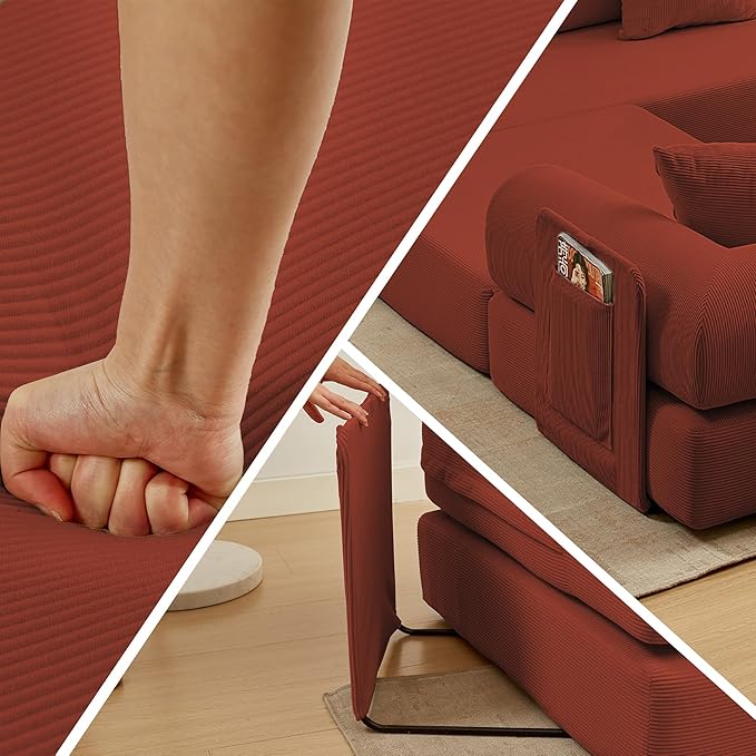 107" Oversized Convertible Sleeper Sofa Bed, Corduroy L Shape Sectional Couch, Folding Sofa Bed with Side Pocket, Modern Cloud Floor Mattress Couch, Modular Sofa for Living Room, Red-HomvellaHome