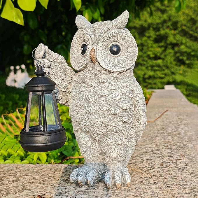 Garden Statues, owl Outdoor Figurines Decorated with Solar Lights, Unique Christmas Birthday Gifts for Moms, Grandmas, Women, Wives, Sisters (Grey Owl1)-HomvellaHome