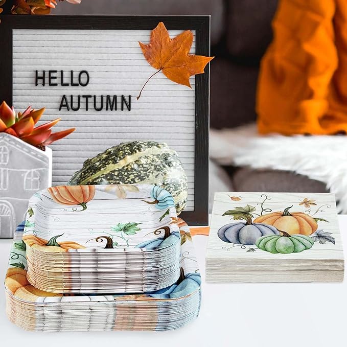 Grencian 200Pcs Fall Plates and Napkins Square Blue Pumpkins Plate Thanksgiving Paper Plates Pumpkin Wood Grain Dinnerware for Baby Shower Fall Harvest Family Thanksgiving Party Decorations, Serves 50-HomvellaHome