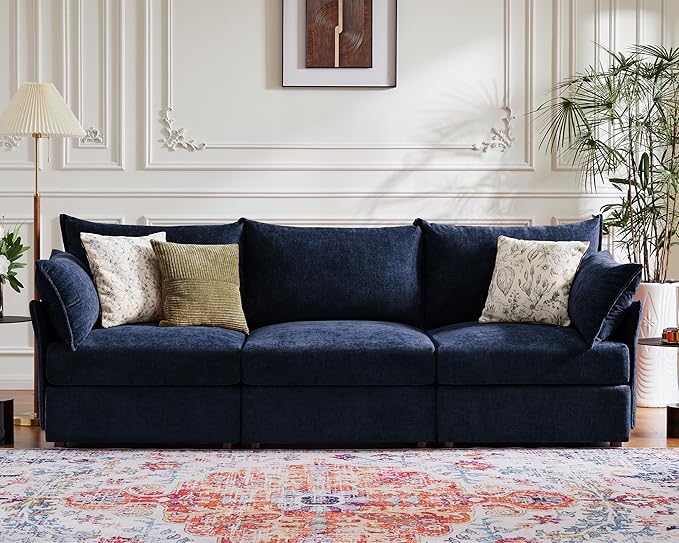 102.6" Modular Sectional Sofa, Oversized 3-Seater Blue Couch with Removable Chenille Fabric Cover, Deep Seat & High Backrest for Living Room, Office & Apartment-HomvellaHome