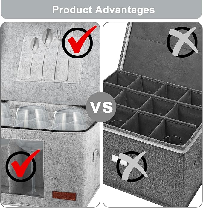 2 Pack Wine Glass Storage Box with Dividers, Stemware Storage Containers for Packing and Moving, China Storage Containers Box for 12 Crystal Glassware, Wine Glasses, Drinkware,Light Gray-HomvellaHome
