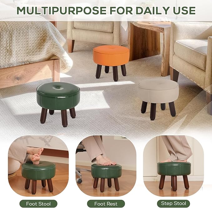 13in Small Foot Stool Ottoman, Round Faux Leather Foot Rest for Couch, Under Desk Pouf Footstool Footrest with Non-Skid Rubber Legs for Ling Room, Bedroom, 13''L x 13''W x 10.2''H, Green-HomvellaHome