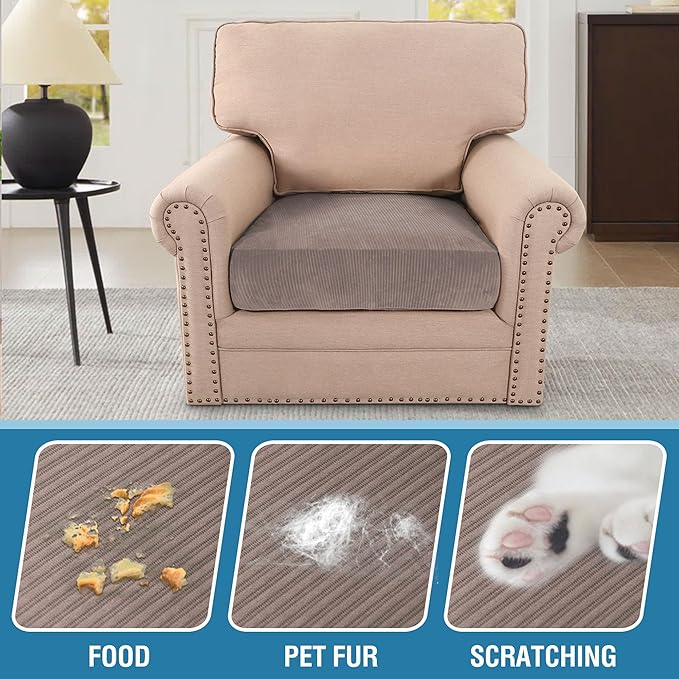 H.VERSAILTEX Velvet Stretch Couch Cushion Cover Plush Cushion Slipcover for Chair Cushion Furniture Protector Seat Cushion Sofa Cover (1 Piece Armchair Cushion Covers, Taupe Striped)-HomvellaHome