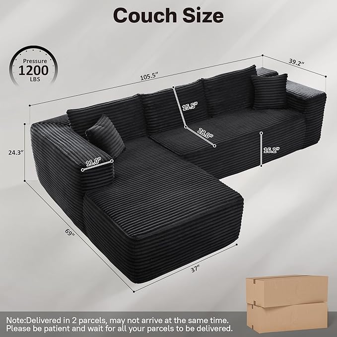 104" Cloudy Sectional L Shaped Couch for Living Room, No Assembly Required, Modular Comfy Sofa with Deep Seat, Fluffy Couch with Sleeper Chaise for Apartment Lounge (Black)-HomvellaHome