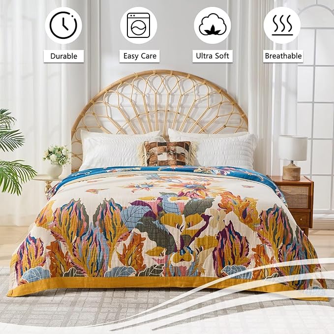 100% Muslin Throw Blanket for Couch, Butterfly and Floral Double Embroidery Summer Throw Blanket 60"x80" for Bed, Chair, Woven Cotton Reversible Mexican Blanket-HomvellaHome