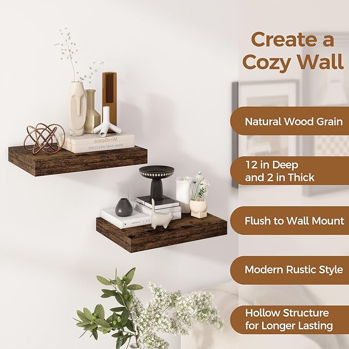 12 Inch Deep Floating Shelves, 16 x 12 Floating Shelf for Books, Rustic Wood Deep Wall Shelves for Home Storage & Display, 2" Thicked Shelves for Kitchen, Living Room, Bedroom, Rustic Brown, 2 Pack-HomvellaHome