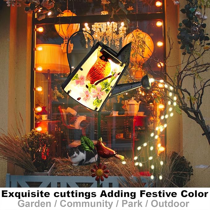 Garden Solar Lights Outdoor, Metal Watering Can Garden Stake Lights Cardinal Bird Decor Glass Art for Walkway, Pathway, Yard, Lawn-HomvellaHome