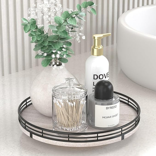 10" Oak Bathroom Vanity Tray Turntable for Perfume Candle, Round Wooden Decorative Tray for Kitchen Sink Countertop Organizer, Bathroom Counter Organizer for Skincare Makeup, Rustic White-HomvellaHome