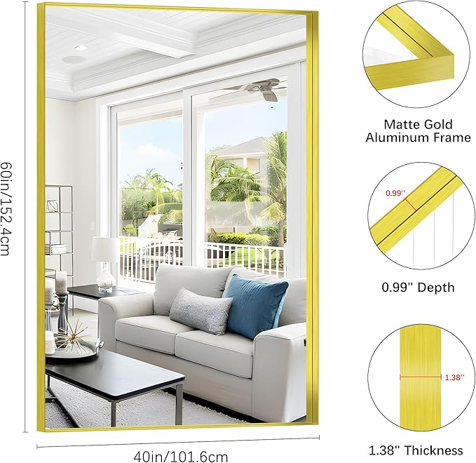 Gold Bathroom Mirror, 60x40 Inch Rectangular Framed Mirror, Large Wall Mounted Bathroom Vanity Mirror Over Sink for Bedroom,Restroom, Living Room, Hangs Vertically or Horizontally-HomvellaHome