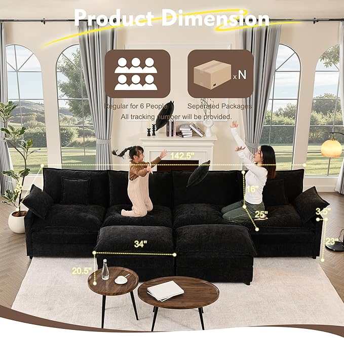 142.5" U Shaped Couch, Modular Sectional Sofa, 3-Seater Comfy Cloud Couch with Movable Ottoman, Deep Seat Couches for Living Room, Chenille, Black-HomvellaHome