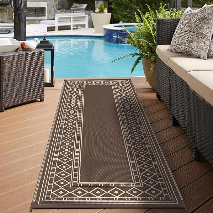 GENIMO Outdoor Rug Waterproof for Patio Decor, 2.5'x8' Foldable Reversible Plastic Straw Runner Rugs Carpet for Porch, Outside Area Mat for Rv, Deck, Picnic, Camper, Balcony, Coffee & Beige-HomvellaHome