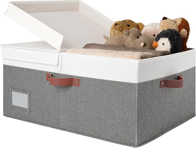 GRANNY SAYS Decorative Storage Boxes with Lid, Large Storage Bins with Double-Open Lid and Divider, Fabric Storage Bins for Clothes, Linen Storage Bins, 63L Closet Storage Bins, White&Gray-HomvellaHome