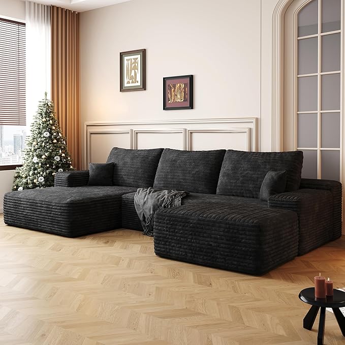 108" Sectional Couches for Living Room Modern Modular Sofa with L-Shape Couchs Upholstered Boneless Couch Deep Seat Sectional Couch with Chaise (Black, Left Facing Chaise+2Seaters+1Ottoman)-HomvellaHome