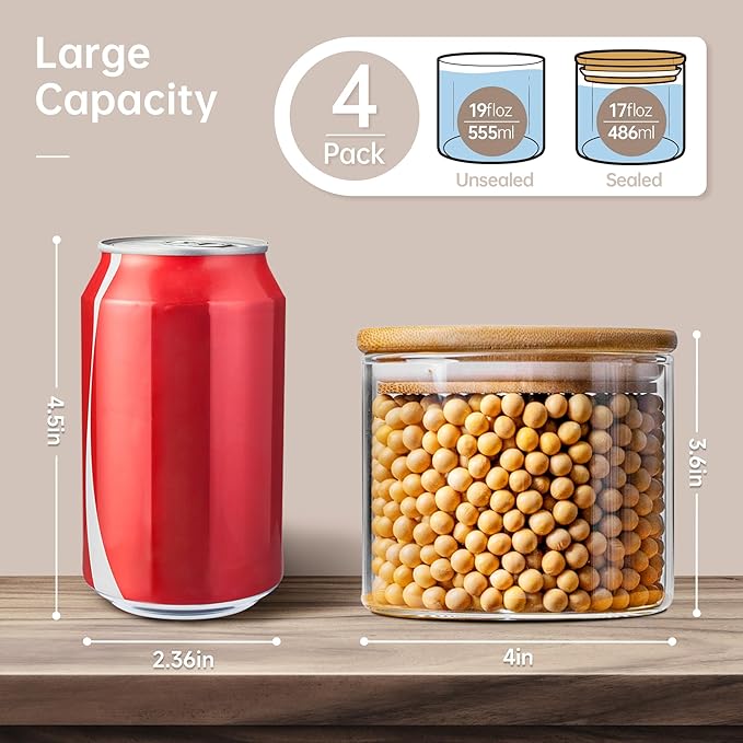 17oz - 4 Pack Glass Jars with Bamboo Lids, Glass Food Storage Containers with Airtight Lids, Air Tight Pantry Storage Containers for Coffee, Sugar, Spice, Meal Prep Jars for Salad & Fruit-HomvellaHome