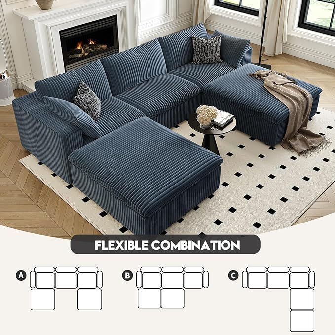 118" Cloud Couch Modular Sectional Sofa for Living Room,Modern Sofa with Deep Seat，U-Shape Boneless Couch with 2 Ottoman,Comfy Upholstered Corduroy Couches for Apartment, Studio, Office,Bedroom，Blue-HomvellaHome