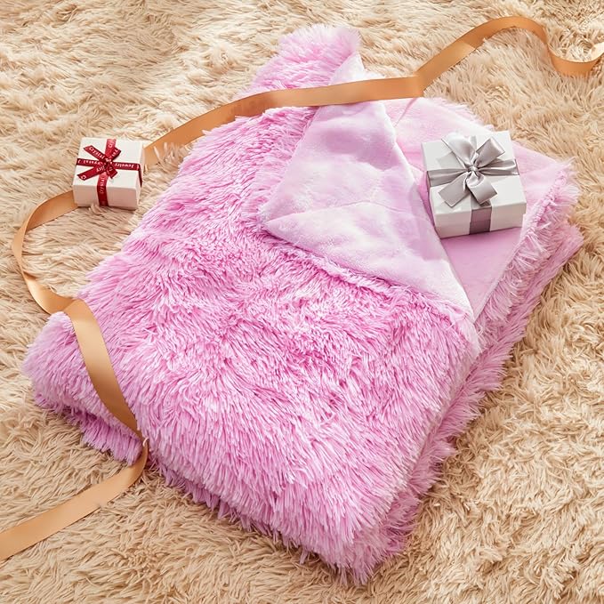 GONAAP Fuzzy Faux Fur Throw Blanket Queen Size Light Pink Super Soft Cozy Plush Fuzzy Shaggy Blanket for Couch Sofa Bed (Light Pink, Queen(90"x90"))-HomvellaHome