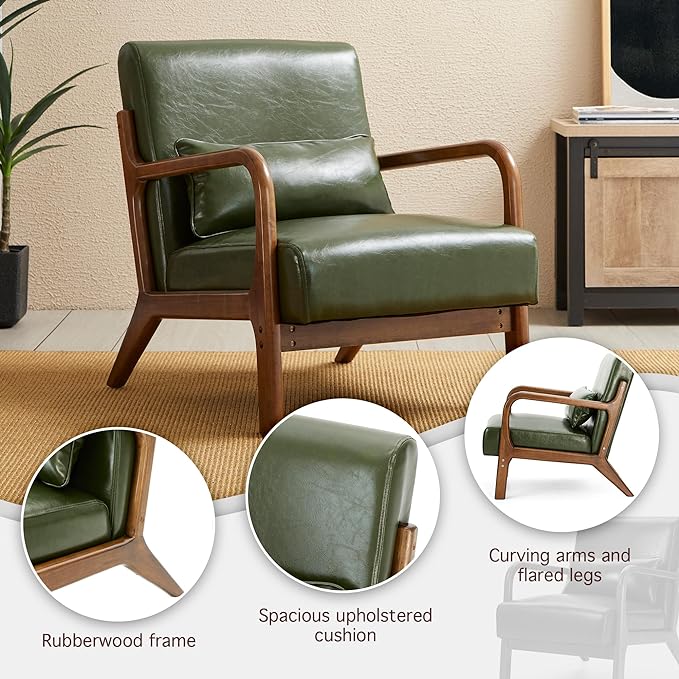 Glitzhome 2 Set Mid Century Hunter Green Accent Armchair, Single Reading Armchair PU Leather Lounge Chair with Walnut Ruberwood Frame-HomvellaHome