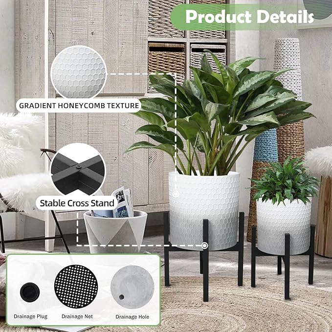 10 & 12 Inches Planters with Metal Sand for Indoor Plants Set of 2,Decorative Plant Pots with Holder, Outdoor Flower Pots with Legs, Modern Garden Pot with Drainage Holes for Snake Plant, House plants-HomvellaHome