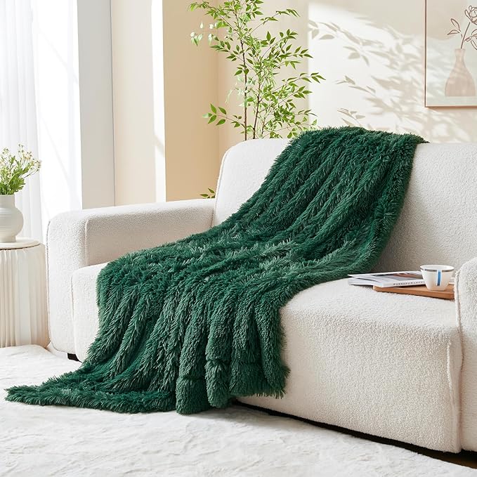 GONAAP Fuzzy Faux Fur Throw Blanket Twin Size Dark Green Super Soft Cozy Plush Fuzzy Shaggy Blanket for Couch Sofa Bed (Dark Green, Twin(60"x80"))-HomvellaHome