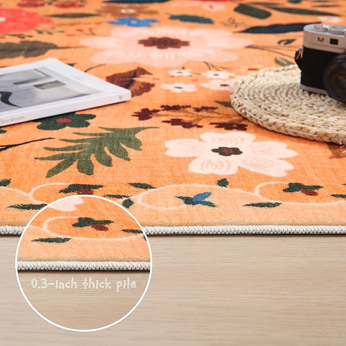 Living Room Rug 5x7 Rug Machine Washable Boho Area Rug Non Slip Floral Vintage Low Pile Large Rugs for Living Room, Bedroom, Farmhouse, Dining Room, Kids Playroom(Yellow)-HomvellaHome