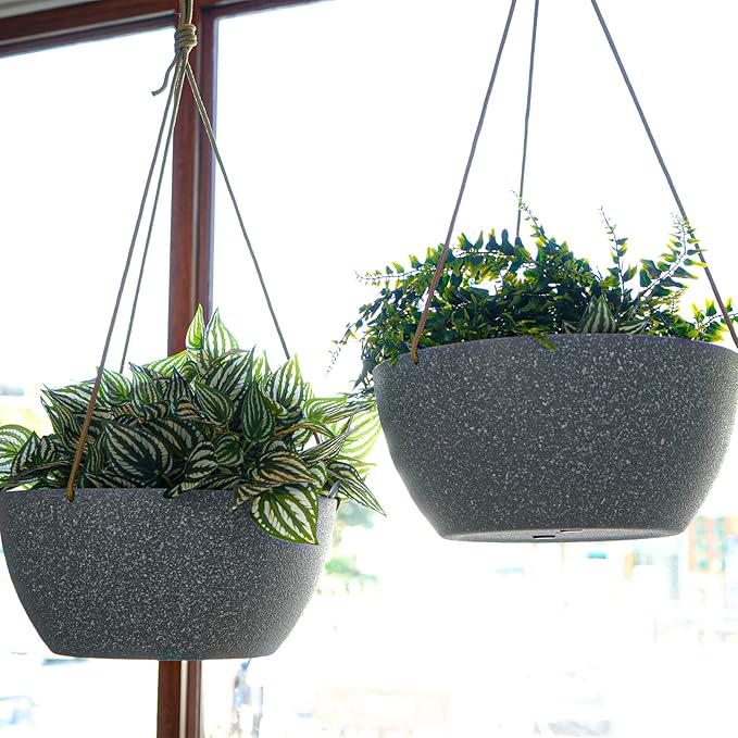 12 Inch 2 Pack Large Hanging Planters for Indoor Outdoor Plants, Plastic Hanging Basket Pots for House Plants Flowers, Grey-HomvellaHome