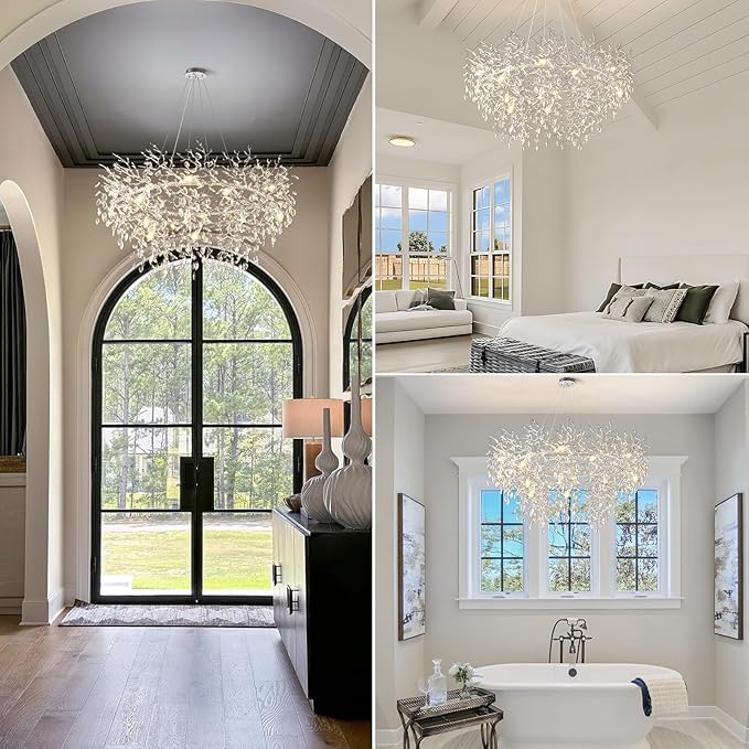 14-Light Modern Living Room Crystal Chandeliers,48" Round Silver Tree Branche Chandelier,Silver K9 Crystal Chandeliers for Dining Room,High Ceiling,Entryway、Foyer-HomvellaHome