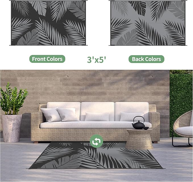 GENIMO Outdoor Rug 3' x 5' Waterproof for Patios Clearance, Reversible Outdoor Plastic Straw Camping Rug Carpet, Large Area Rugs Mats for RV, Camper, Deck, Balcony, Porch, Beach, Picnic, Black&Grey-HomvellaHome