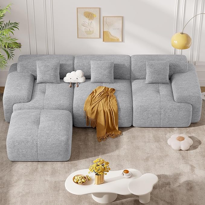 122" Modern L Shaped Modular Sectional Sofa, Boneless Couches for Living Room with Ottoman,4 Seater Convertible Chenille Cloud Couch Sofa Set, No Assembly Required, Light Grey 1 PCS-HomvellaHome
