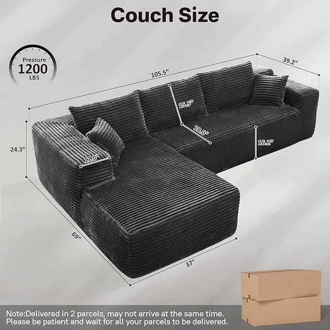 104" Cloudy Sectional L Shaped Couch for Living Room, No Assembly Required, Modular Comfy Sofa with Deep Seat, Fluffy Couch with Sleeper Chaise for Apartment Lounge (Grey)-HomvellaHome
