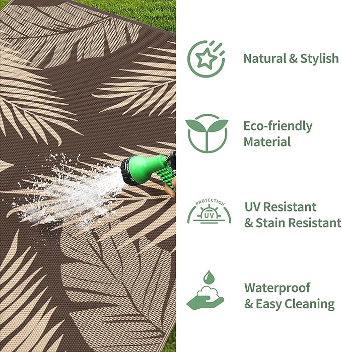 GENIMO Outdoor Rug 3' x 5' Waterproof for Patios Clearance, Reversible Outdoor Plastic Straw Camping Rug Carpet, Large Area Rugs Mats for RV, Camper, Deck, Balcony, Porch, Beach, Coffee&Beige-HomvellaHome