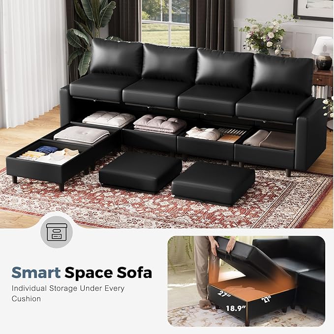 118.5" Luxury Modular Sleeper Sofa Bed with Storage Seat, 8 Seat Sectional Couch Deep Seat with Reversible Chaises & Removable Cover - Black Faux Leather-HomvellaHome