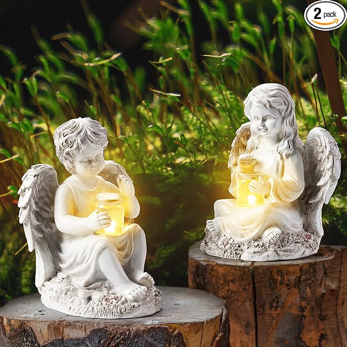 2 Pack Outdoor Angel Statue Garden Decor, Classic Solar Angel Figurine Decoration for Yard Art Indoor Porch Home Lawn Outside Light up Cherub Sculpture Guardian Wings Memorial Gifts-HomvellaHome