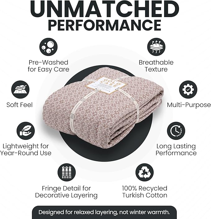 Gold Case Throw Blanket for Bed – 100% Recycled Turkish Cotton Bed Blanket – Decorative Throw Cotton Blankets for Living Room & Bedroom – Woven Twin Blankets - 71x90 - Beige-HomvellaHome