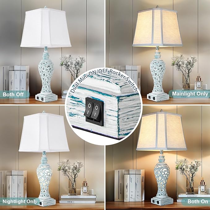 Table Lamp Bedside Lamps Set of 2, 28.5'' Luxsight Farmhouse Table Lamps for Bedroom, Lamps for Nightstands with Night Lights, with USB C+A Ports, Rustic Lamp for Living Room, Bulb Included-HomvellaHome
