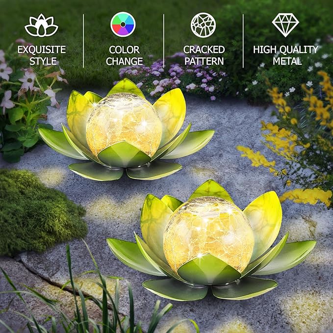 Garden Solar Light Outdoor(2Pack),Crackle Globe Glass Lotus Decoration, Waterproof Metal LED Flower Lights for Patio,Lawn,Walkway,Tabletop,Ground-HomvellaHome