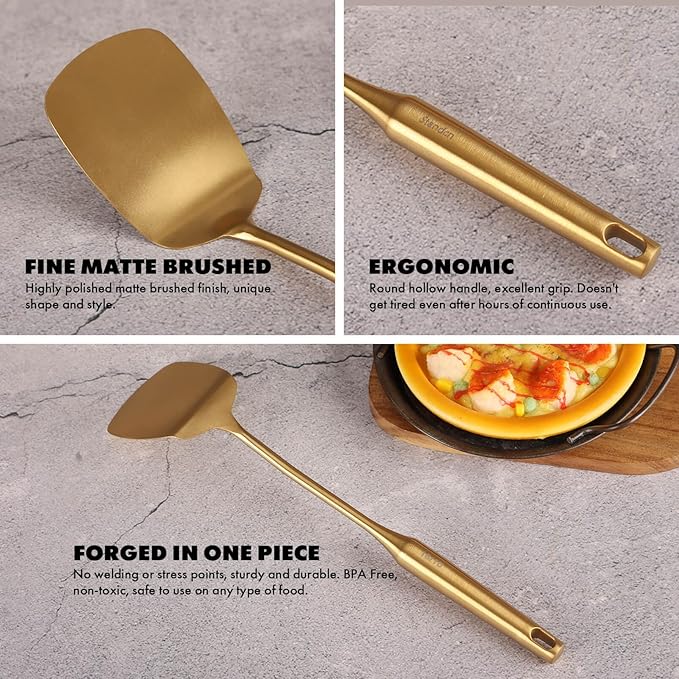 Gold Cooking Utensils Set - 18/10 Stainless Steel Large and Small Spoons Set, 16 PCS All Metal Kitchen Tools, Serving Utensils - Whisk, Masher, Fork, Tongs, Spatula, Ladle, Skimmer, Turner, Pasta-HomvellaHome