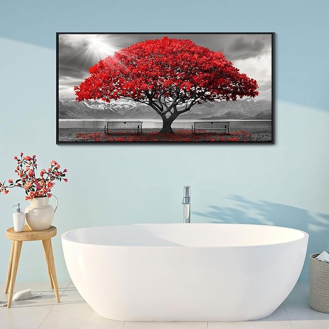 AJAZIKO Red Wall Art - Modern Framed Wall Art for Living Room - Red Tree Black and White Landscape Canvas Prints Posters & Prints for Home Office Bedroom Decorations - Large Wall Pictures 29×58IN-HomvellaHome