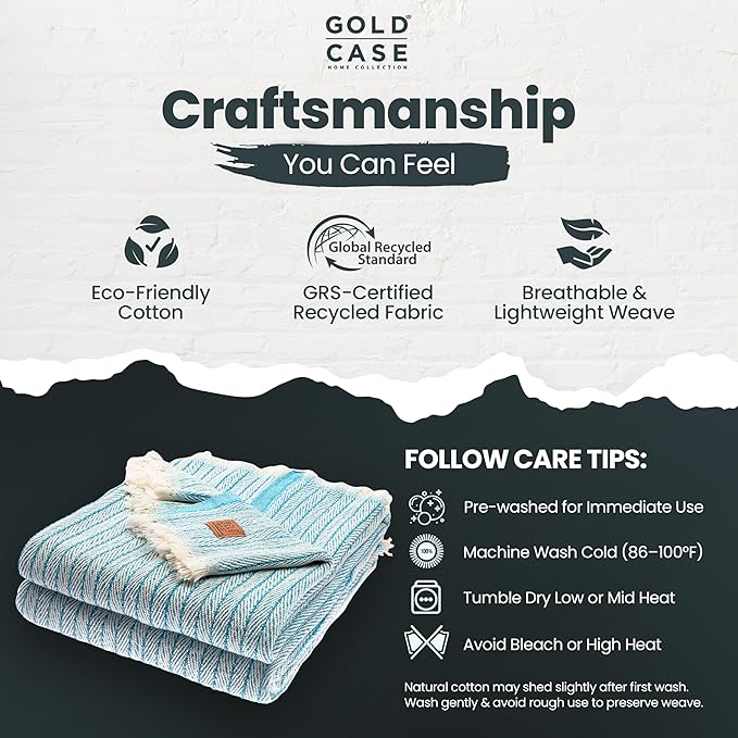 Gold Case Throw Blanket for Couch – 100% Recycled Turkish Cotton Blankets – Elegant Decorative Throw Blankets for Living Room Sofa – Woven Throws for Couch – Vintage Turquoise– 50x60 (Set of 2)-HomvellaHome