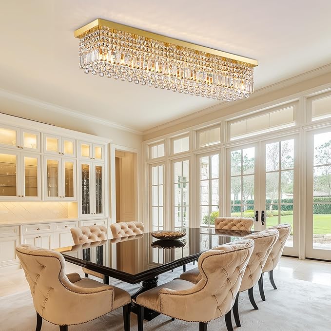 10 Lights Gold Flush Mount Rectangle Chandelier, Modern K9 Crystal Chandeliers Light Fixture Rectangular Raindrop Chandelier Pendant Island Light for Living Dining Room Kitchen Bar L47 Inch-HomvellaHome