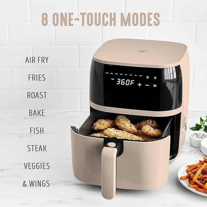 GreenLife Compact Electric Air Fryer Oven, 5.3 QT, PFAS-Free Ceramic Nonstick Drawer, 8 One Touch Digital Display, Easy View Window, Auto Shut-Off Timer, Dishwasher Safe Parts, 1500 Watts, Taupe-HomvellaHome