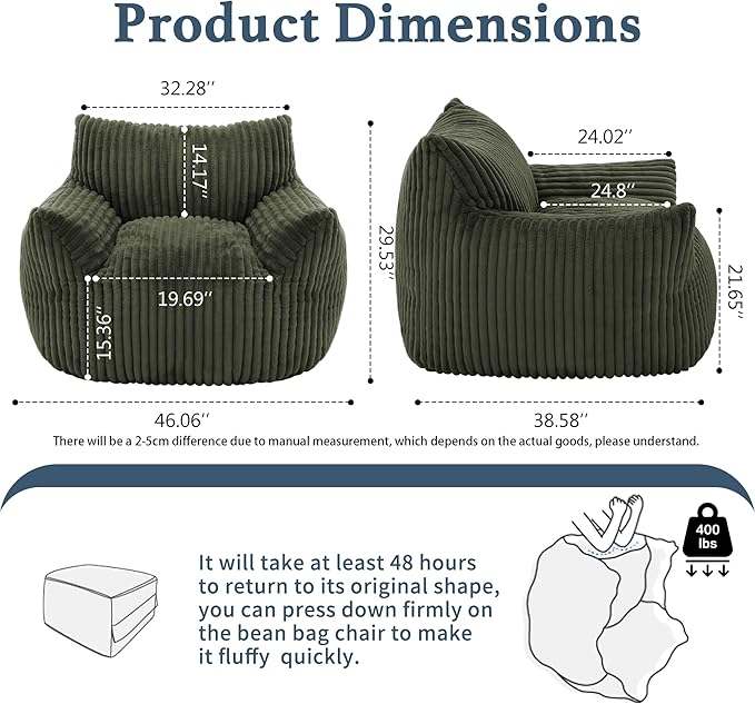 Giant Plush Bean Bag Chair for Adults with Armrests - Oversized Comfy Green Beanbag Lounge Lazy Floor Sofa Accent Chair for Living Room, Bedroom & Dorm, Cozy Fluffy Single Cloud Mini Couch-HomvellaHome