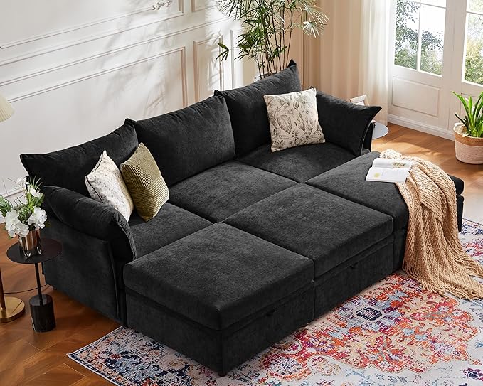 102.6" Luxury Modular Sleeper Sofa Bed 6 Seat Reversible Sectional Couch Deep Seat with Storage Chaises Removable Cover for Living Room, Apartment - Chenille Black-HomvellaHome